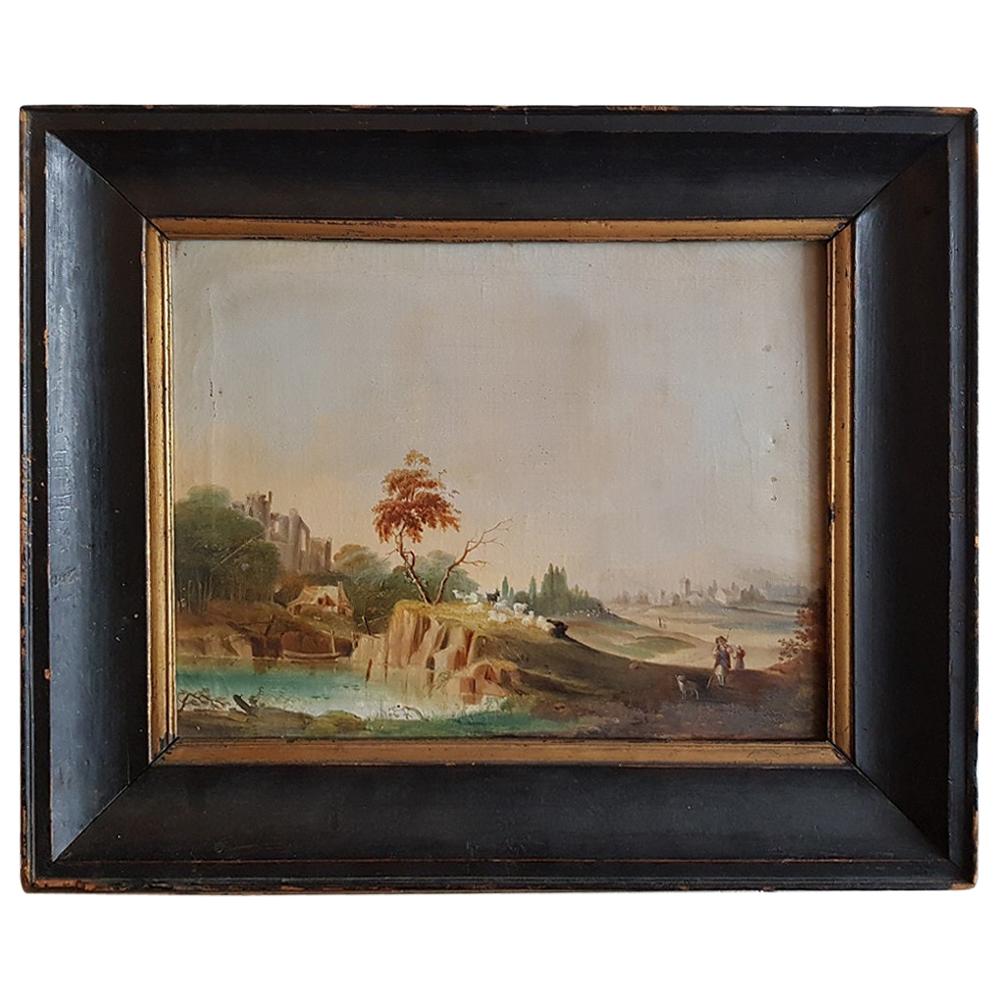 19th Century German Oil Painting by Unknown Artist Landscape with Sheep Shepherd For Sale