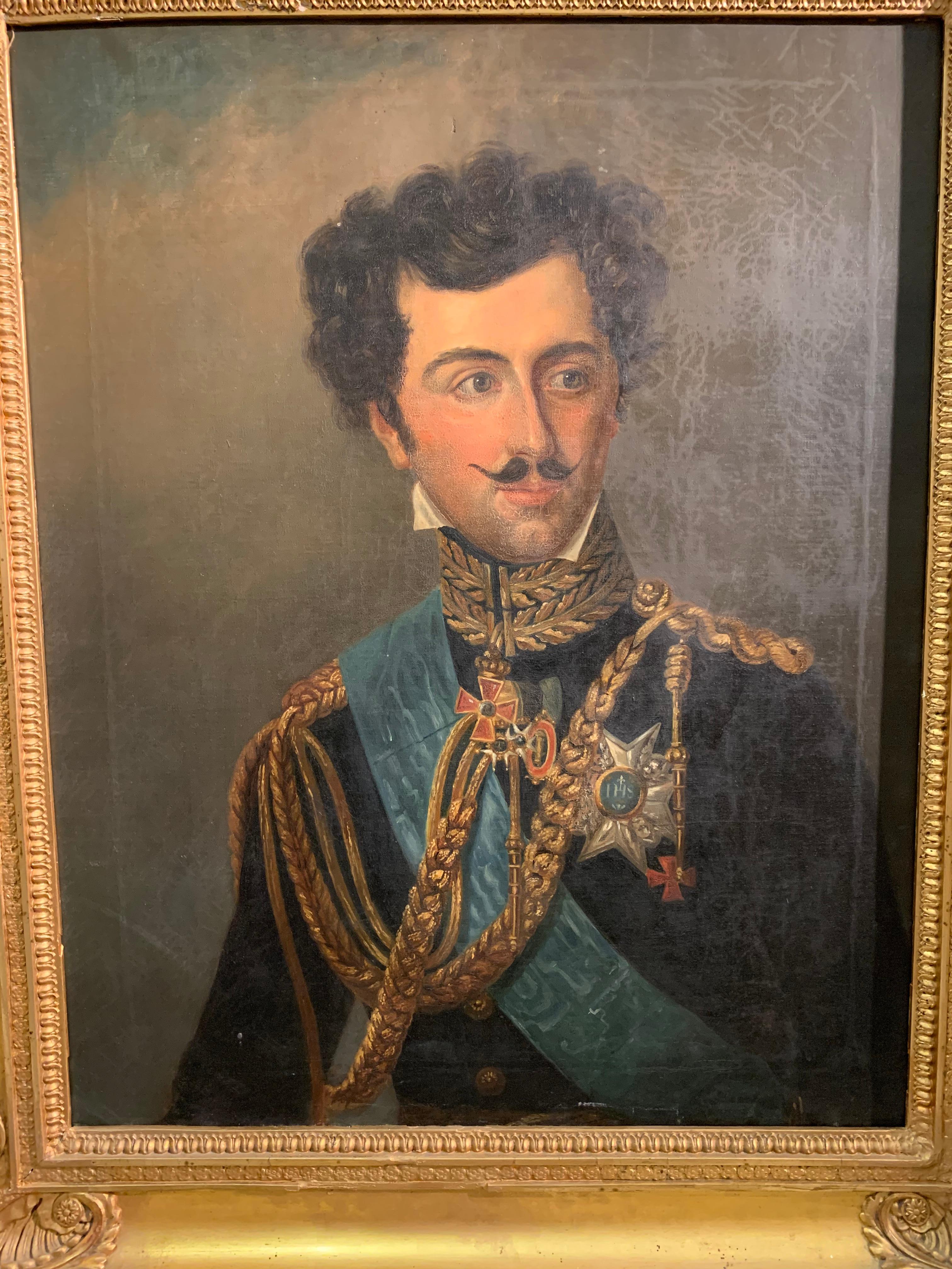 An imposing German oil painting on canvas of an officer set in a deep impressive gilt frame.
A most handsome gentleman with gold epaulettes, blue sash and various medals.
Circa 1850 and painted from the school of artist Josef Karl Stieler who
