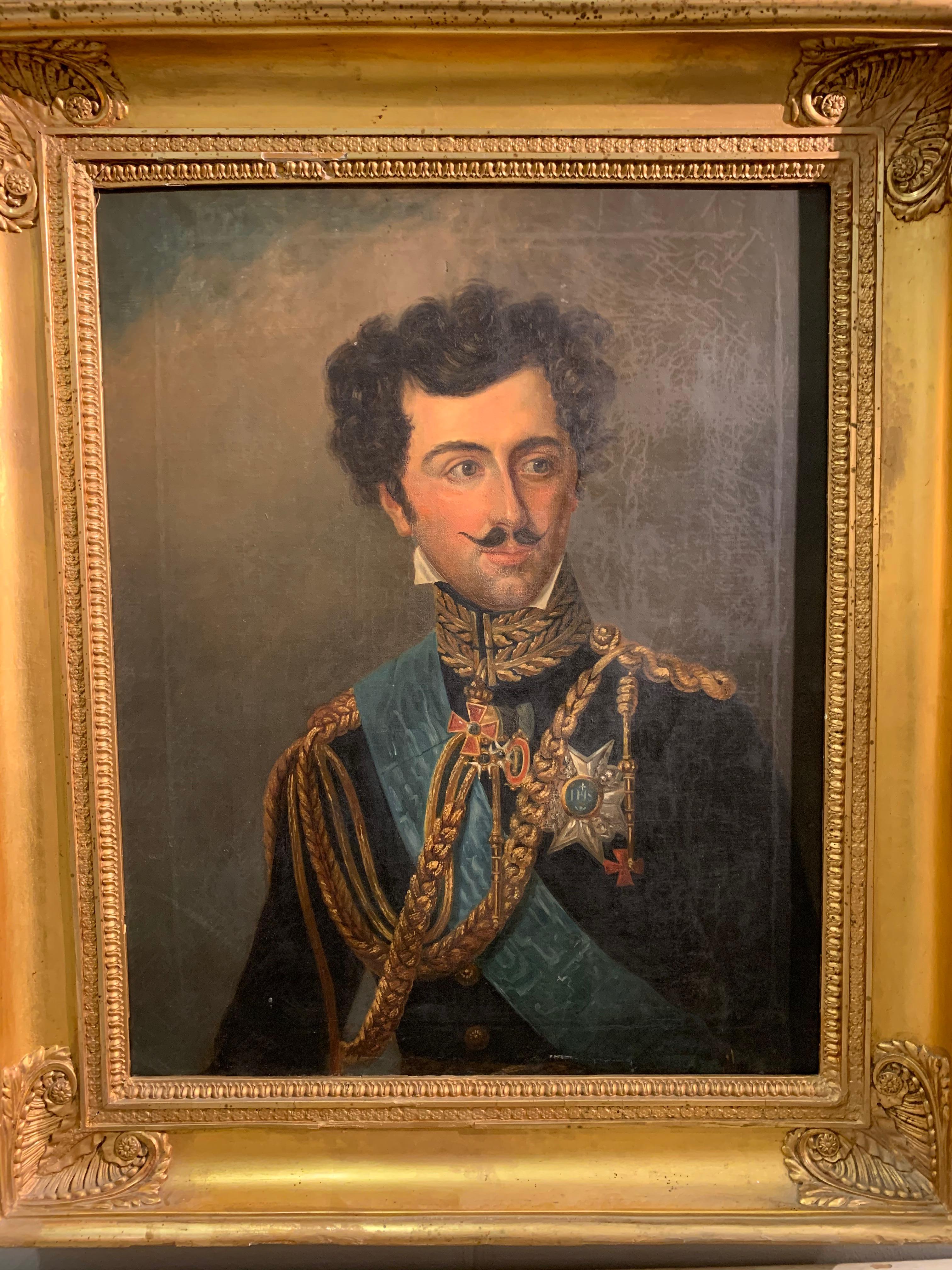 Hand-Carved 19th Century German Oil Painting, High Ranking Officer/Gentleman in Gilt Frame