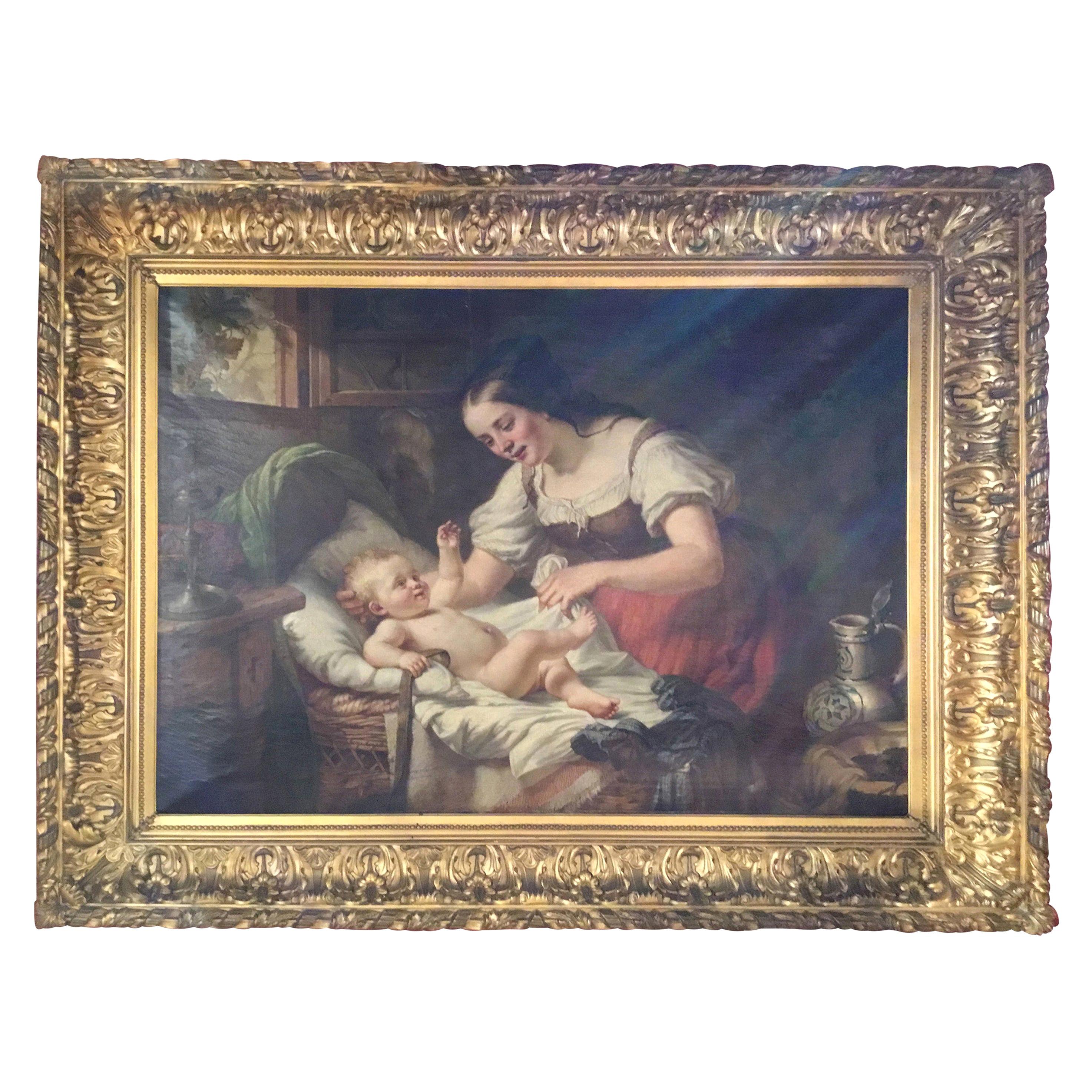 peinture à l'huile allemande du 19ème siècle signée H Oehmichen représentant une mère et un enfant