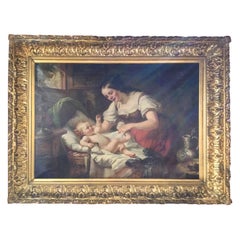 peinture à l'huile allemande du 19ème siècle signée H Oehmichen représentant une mère et un enfant