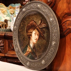 Deutscher bemalter Porzellanteller des 19. Jahrhunderts in Zinnrahmen mit Repoussé