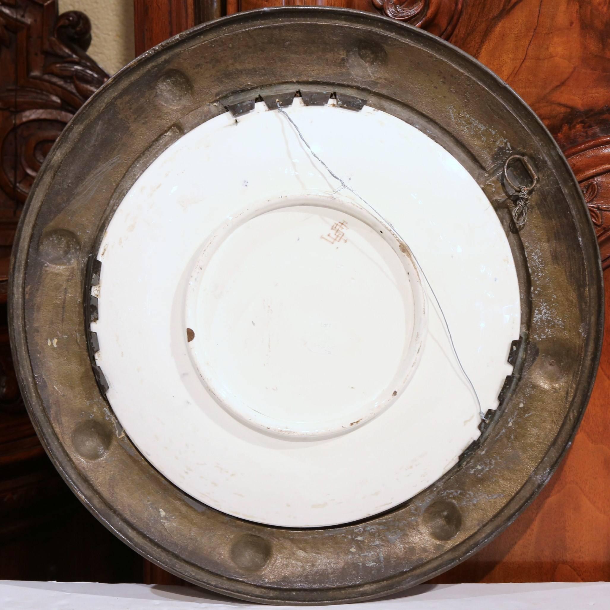 19th Century German Painted Porcelain Platter in Repoussé Pewter Frame For Sale 3