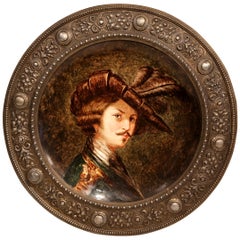19th Century German Painted Porcelain Platter in Repoussé Pewter Frame