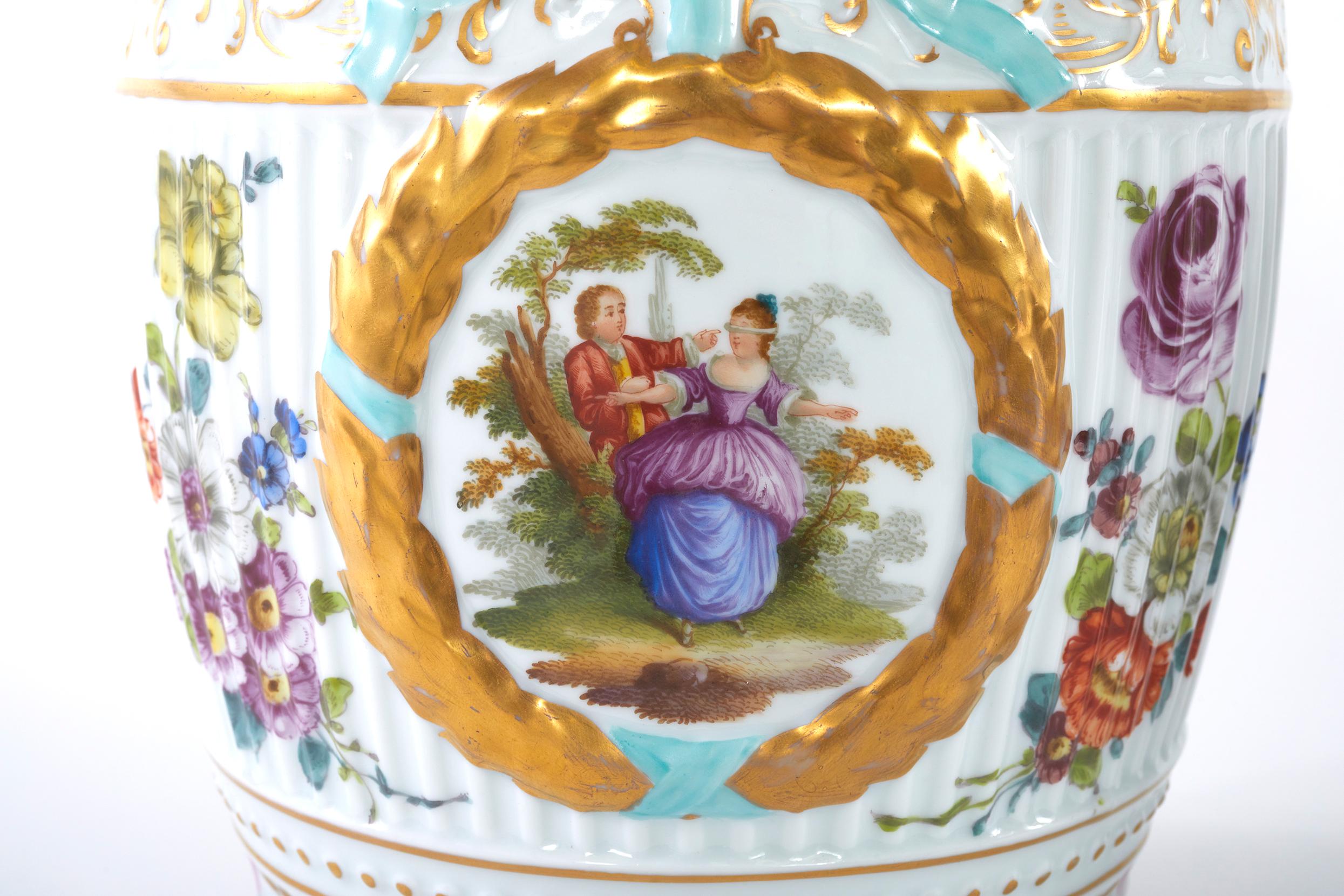 Hand-Painted 19th Century German Pair Gilt / Painted Urns For Sale