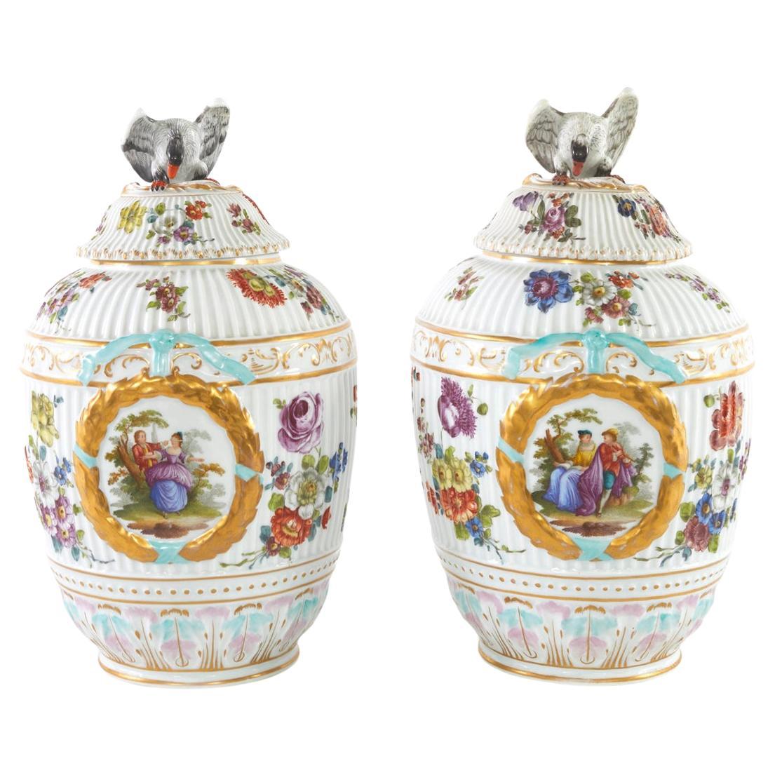 19th Century German Pair Gilt / Painted Urns