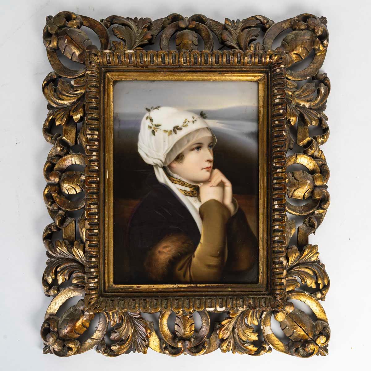 Antique 19th century Belle Époque German hand-painted polychromed porcelain pair of framed plaques

One representing a young German woman wearing a bay laurel wreath, 
The maiden is seen staring into a landscape with mountains and meadows around