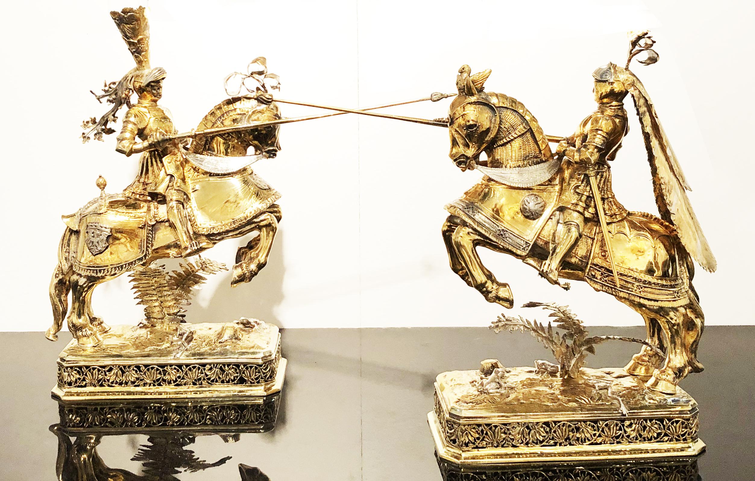 19th Century German Pair of Sculptures of Knights in Vermeil Silver Medieval For Sale 8