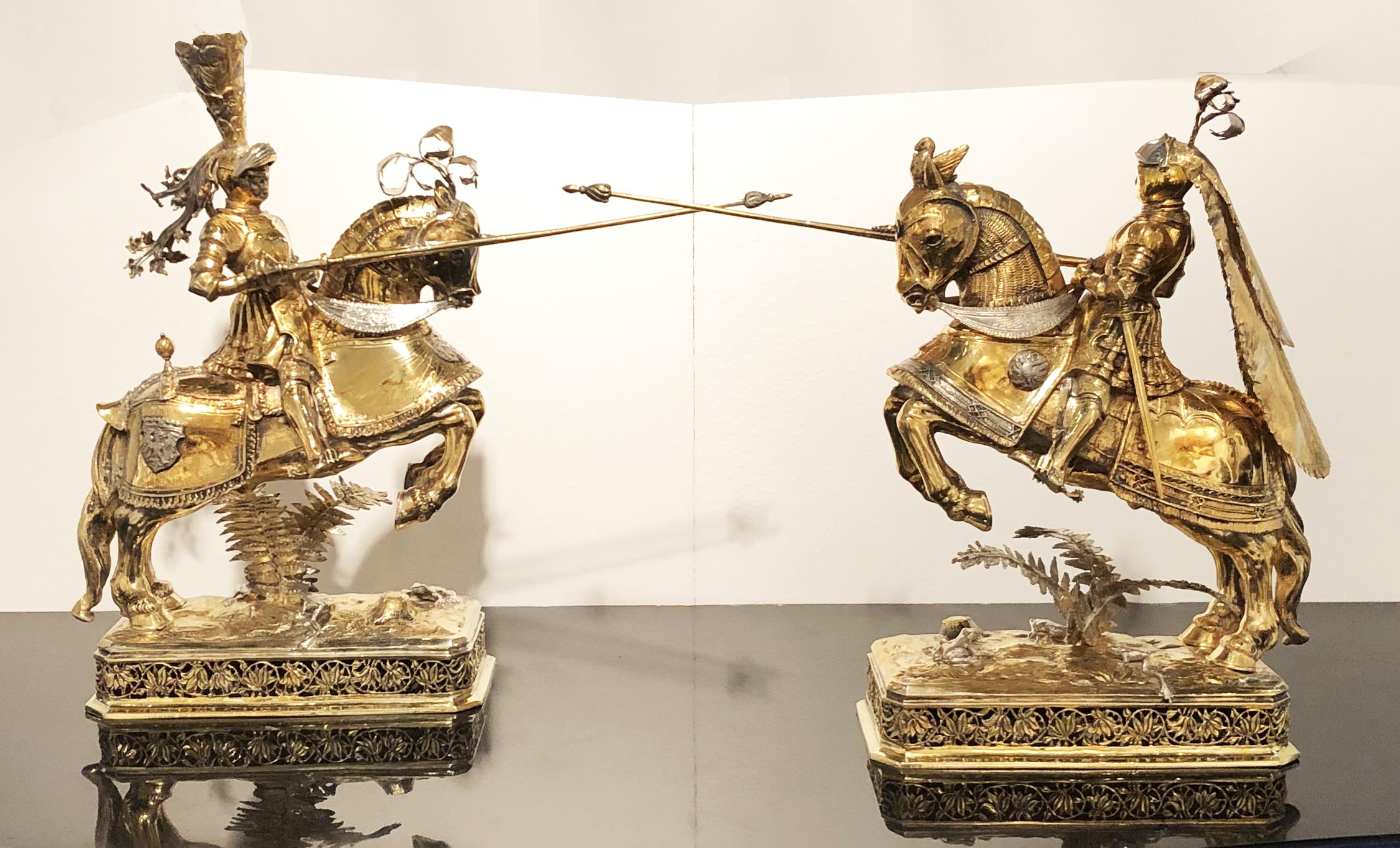 A very rare pair of German sculptures of knights, made in vermeil a middle way between silver and gold, more precious than silver but a little less precious of gold. The quality of the details and the excellence of the work shows a real pair of