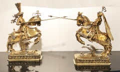 19th Century German Pair of Sculptures of Knights in Vermeil Silver Medieval