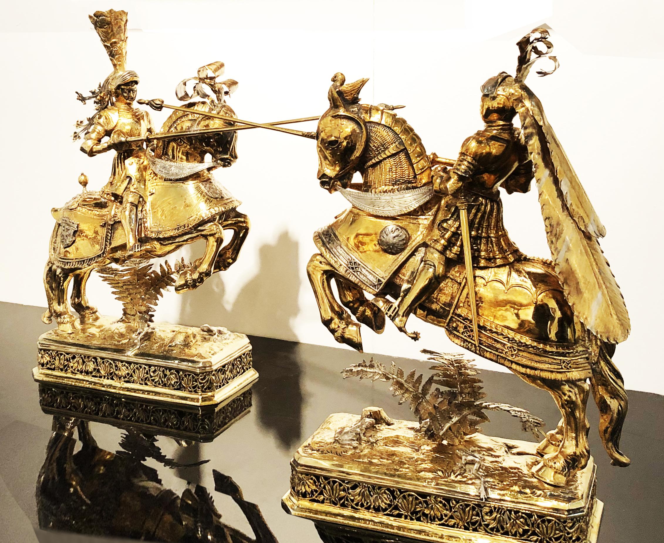 19th Century German Pair of Sculptures of Knights in Vermeil Silver Medieval For Sale 6