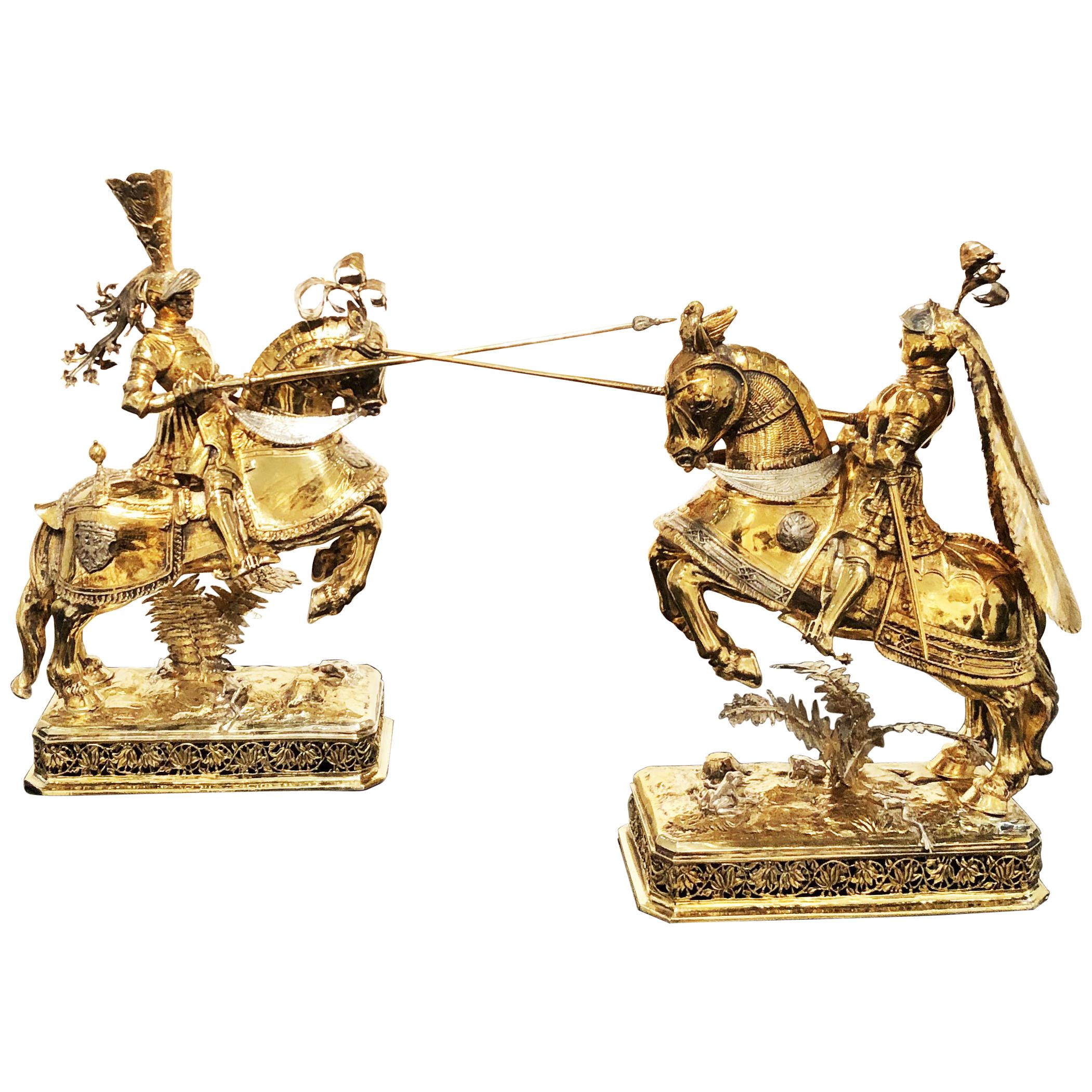 19th Century German Pair of Sculptures of Knights in Vermeil Silver Medieval For Sale
