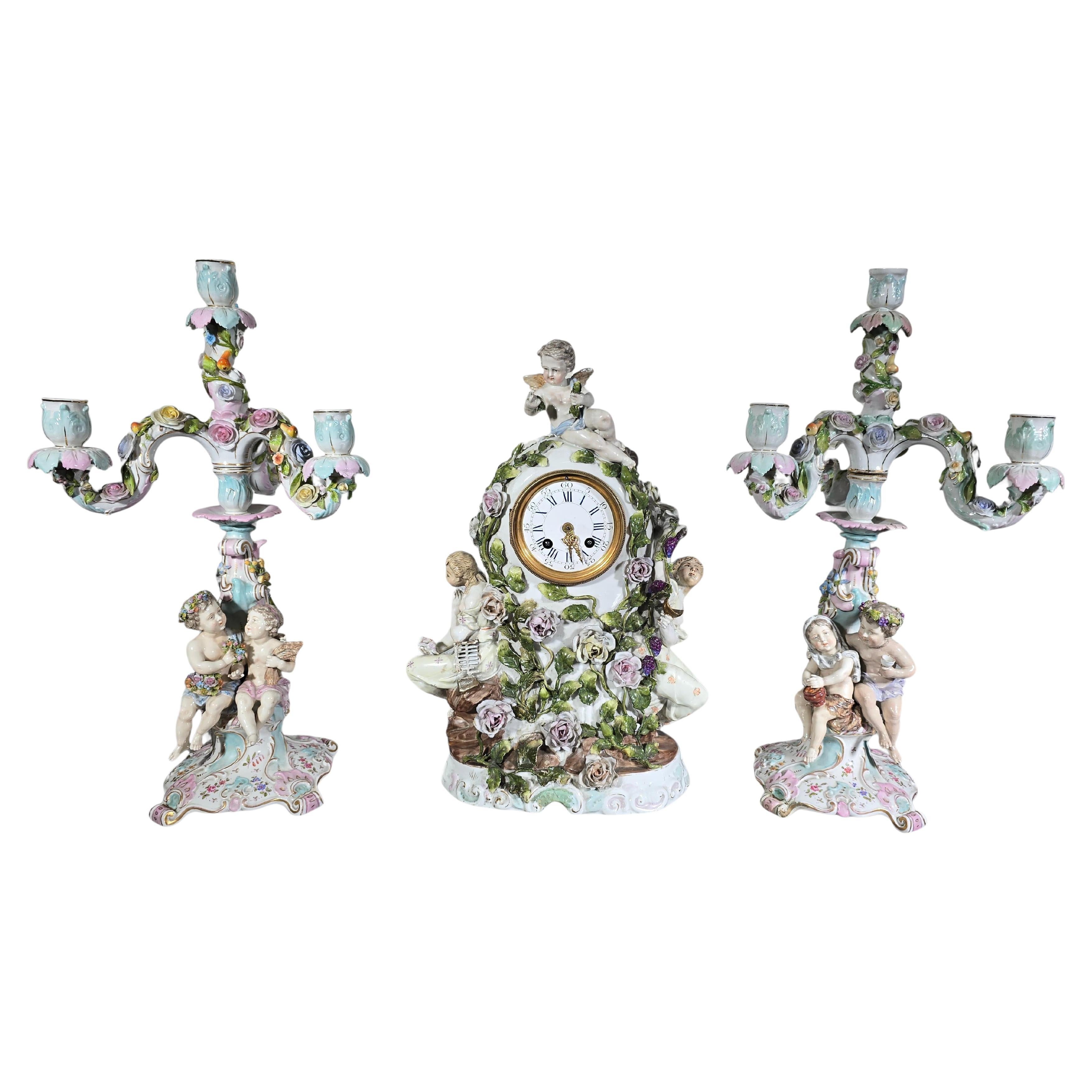 19th Century German Porcelain Clock Garniture Set with Candelabra