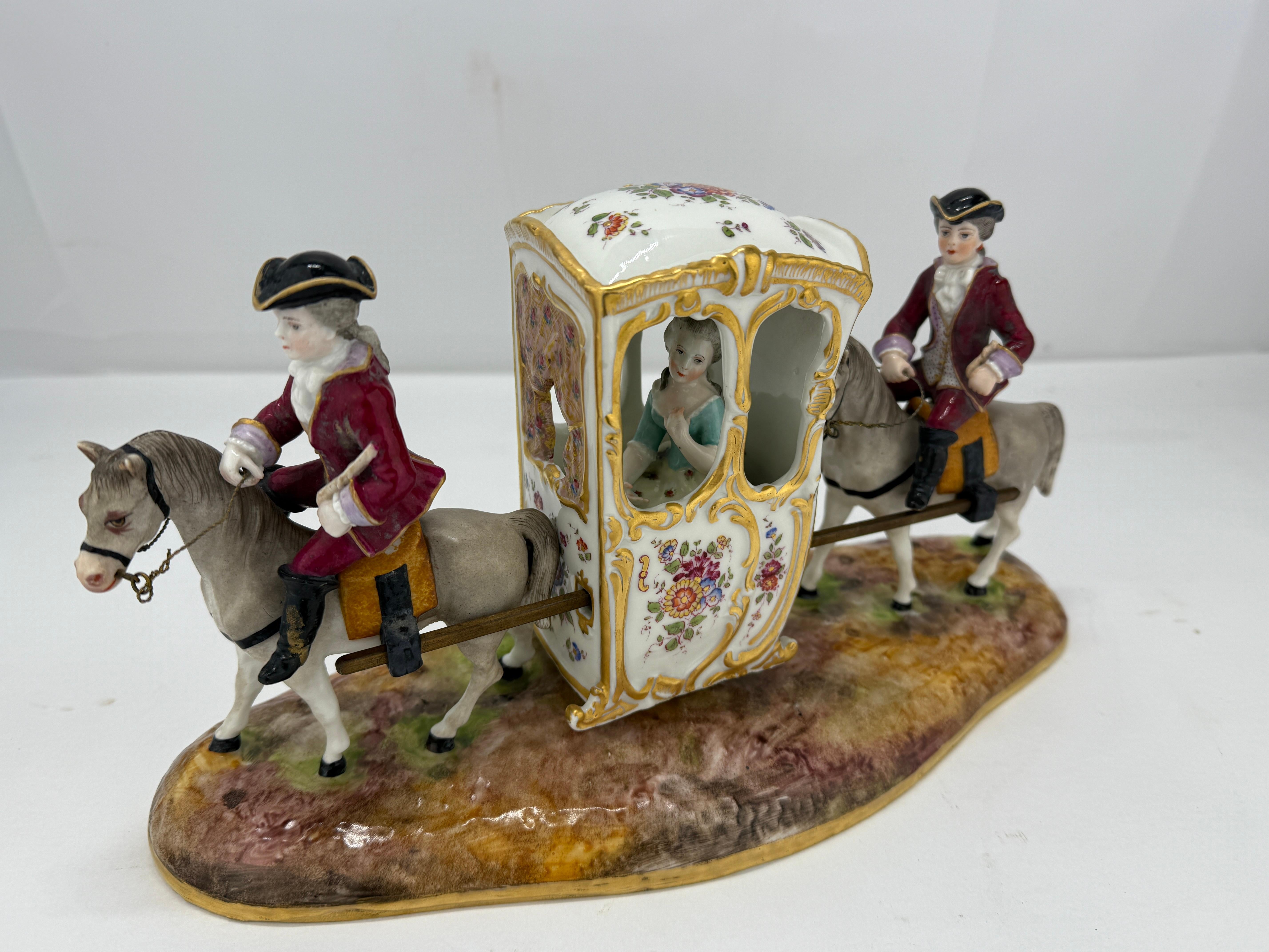 Rococo 19th Century, German Porcelain Horse Drawn Sedan Chair & Riders by Samson & Cie For Sale