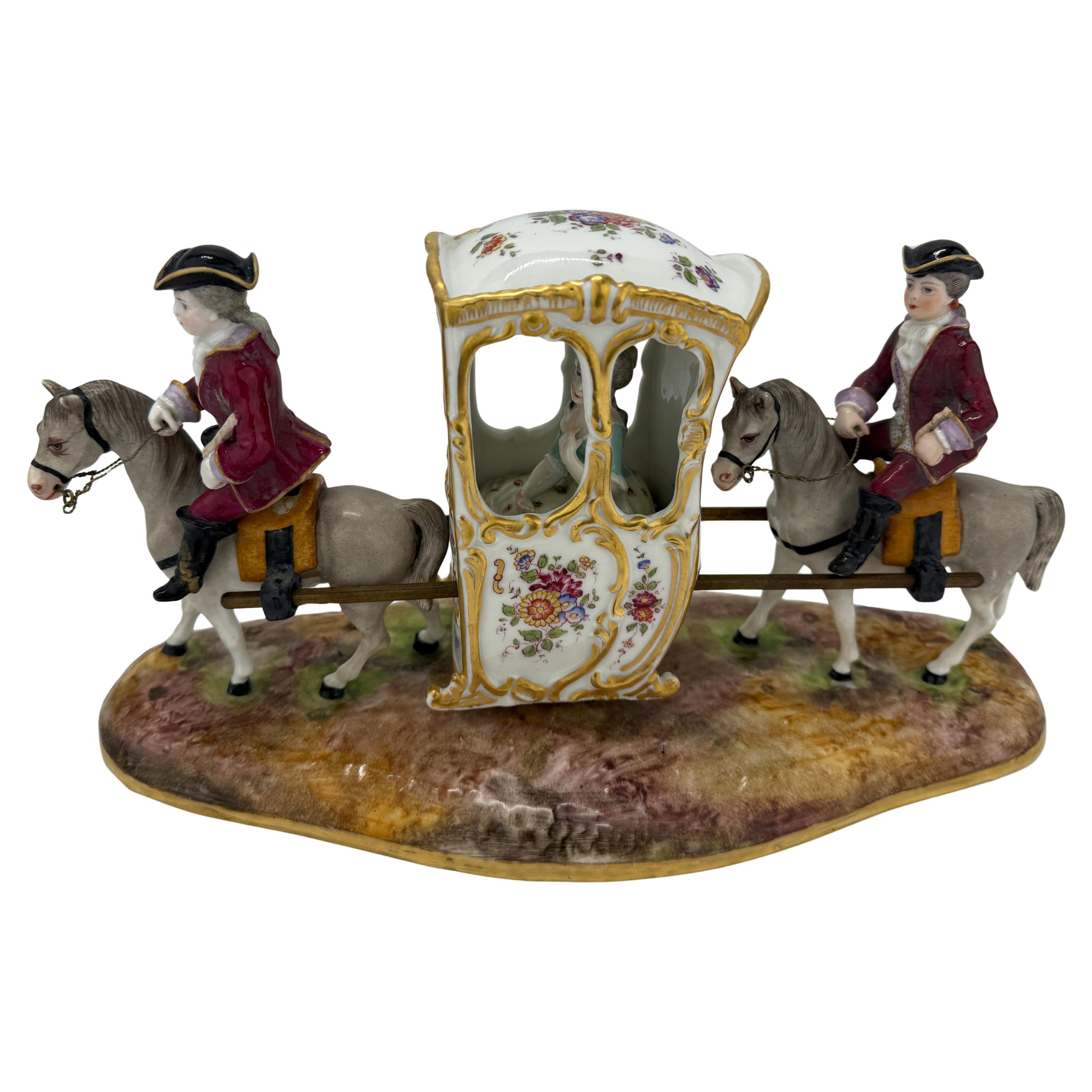 19th Century, German Porcelain Horse Drawn Sedan Chair & Riders by Samson & Cie For Sale