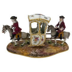 19th Century, German Porcelain Horse Drawn Sedan Chair & Riders by Samson & Cie