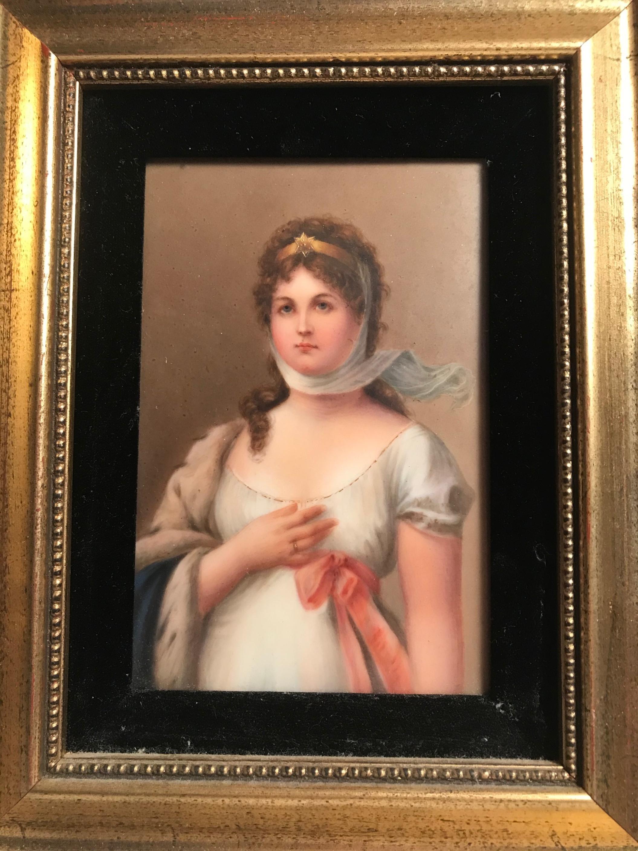 19th century German Porcelain Plaque Queen Louise of Prussia

Hand painted rectangular porcelain plaque of Queen Louise of Prussia in half profile. After artist, Gustav Richter (1823-1884). She has a scarf wrapped around her head and a gold diadem