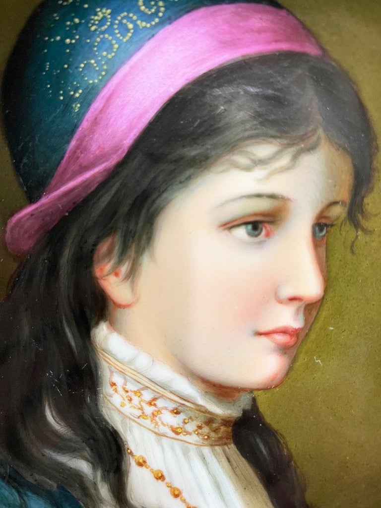 Painted 19th Century German Porcelain Plate in Bronze of a Young Female For Sale