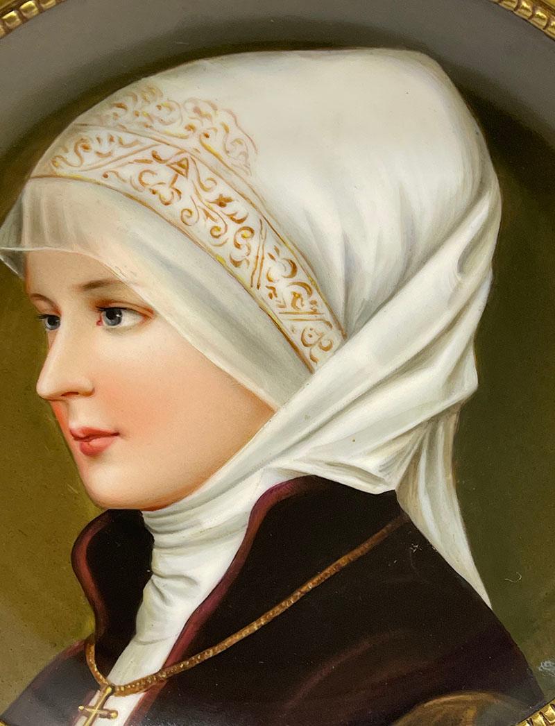 Painted 19th Century German Porcelain Plate in Bronze of a Young Woman For Sale
