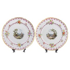 19th Century German Porcelain Plates Pair, O.F.L Mark, Hand Painted Landscapes
