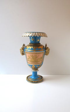 German Porcelain Urn, French Sèvres Style, Turquoise Blue & Gold, 19th Century