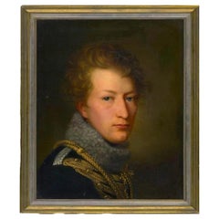 Portrait à l'huile sur toile d'un officier de hussards prussiens du XIXe siècle