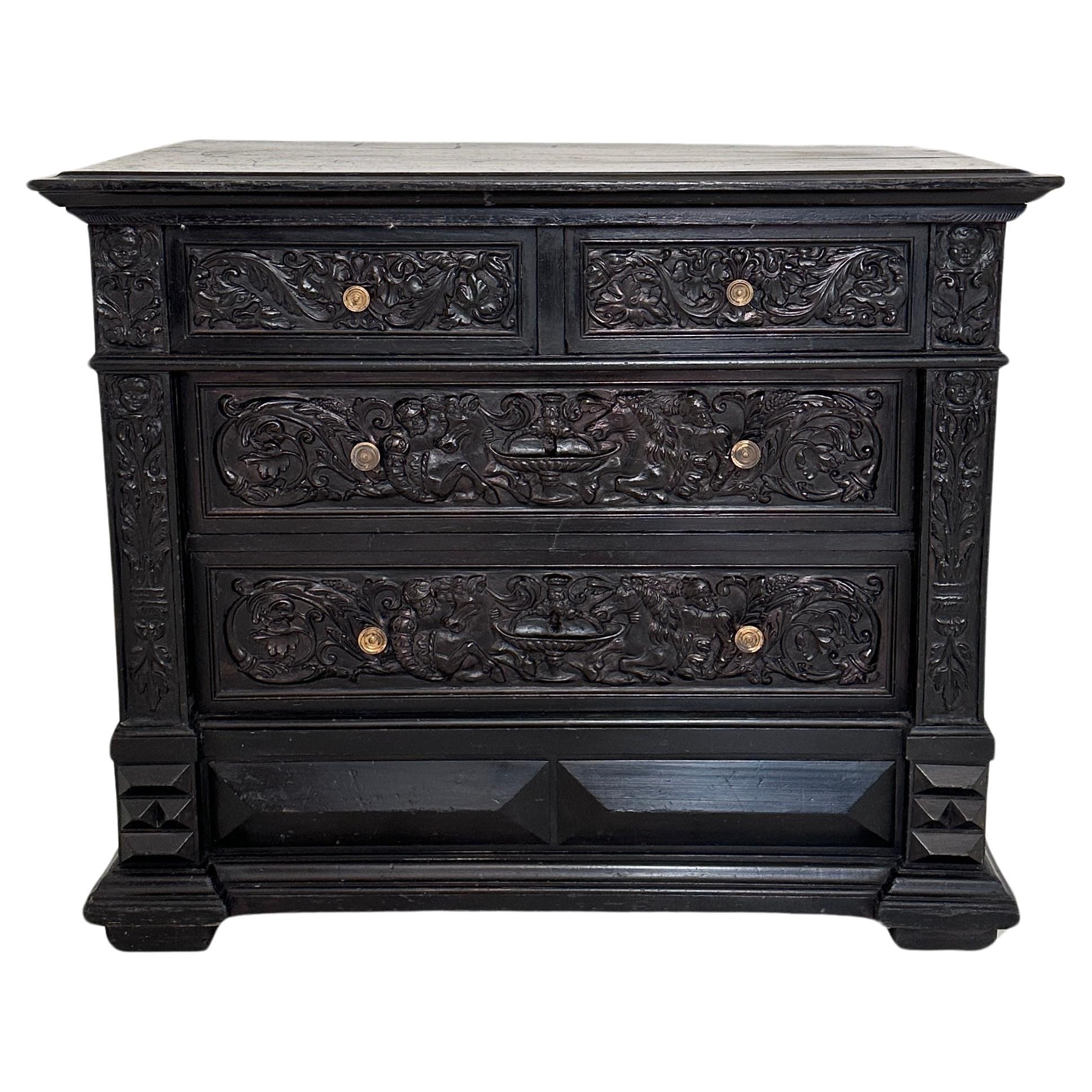 19th Century German Renaissance-Style Chest of Drawers in Black, around 1880 For Sale