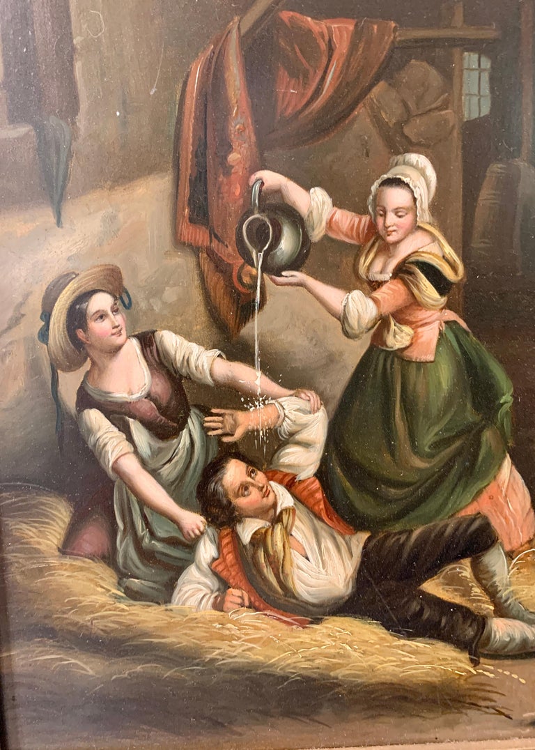 German oil painting, Figures in an interior/barn playing, 19th century, Antique - Painting by Unknown