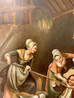 Peinture à l'huile allemande, Figures dans un intérieur/une grange en train de jouer, 19e siècle, Antique