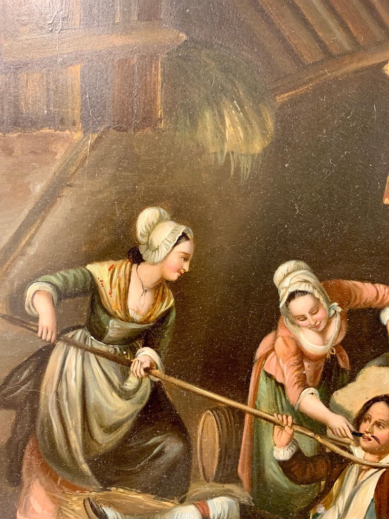 German oil painting, Figures in an interior/barn playing, 19th century, Antique - Painting by Unknown