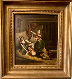 German oil painting, Figures in an interior/barn playing, 19th century, Antique