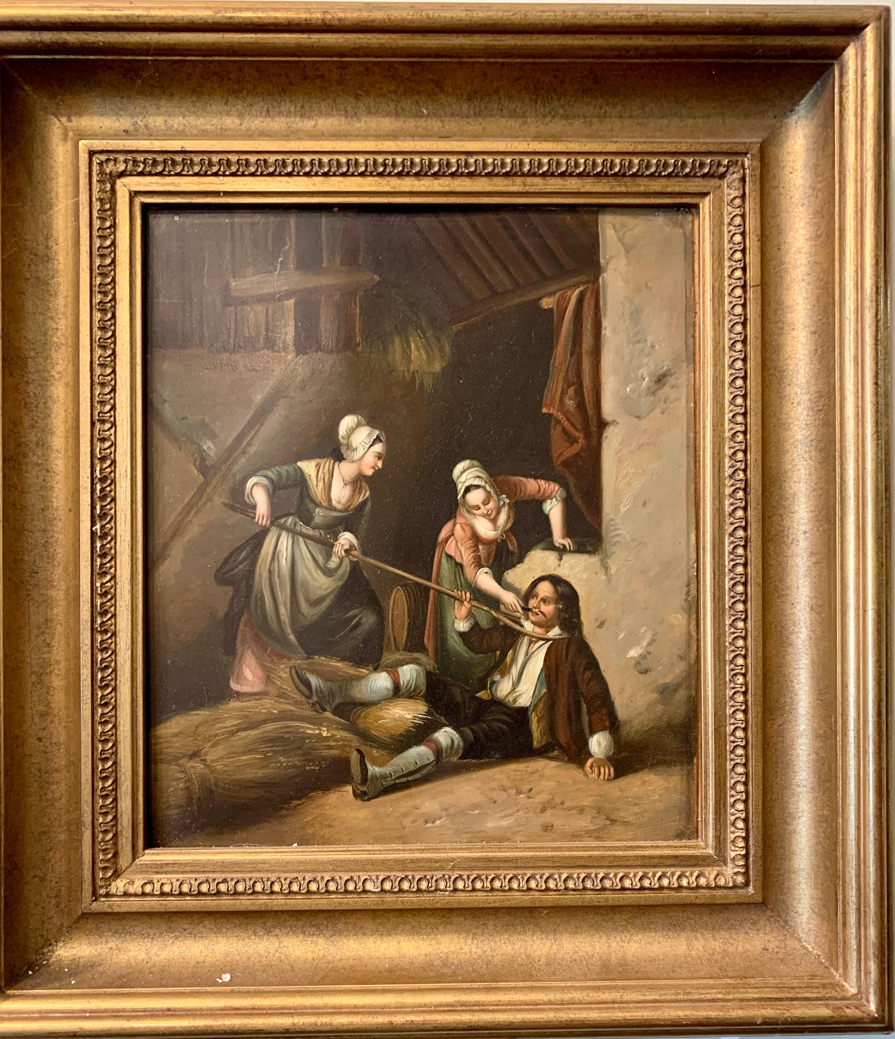 German oil painting, Figures in an interior/barn playing, 19th century, Antique