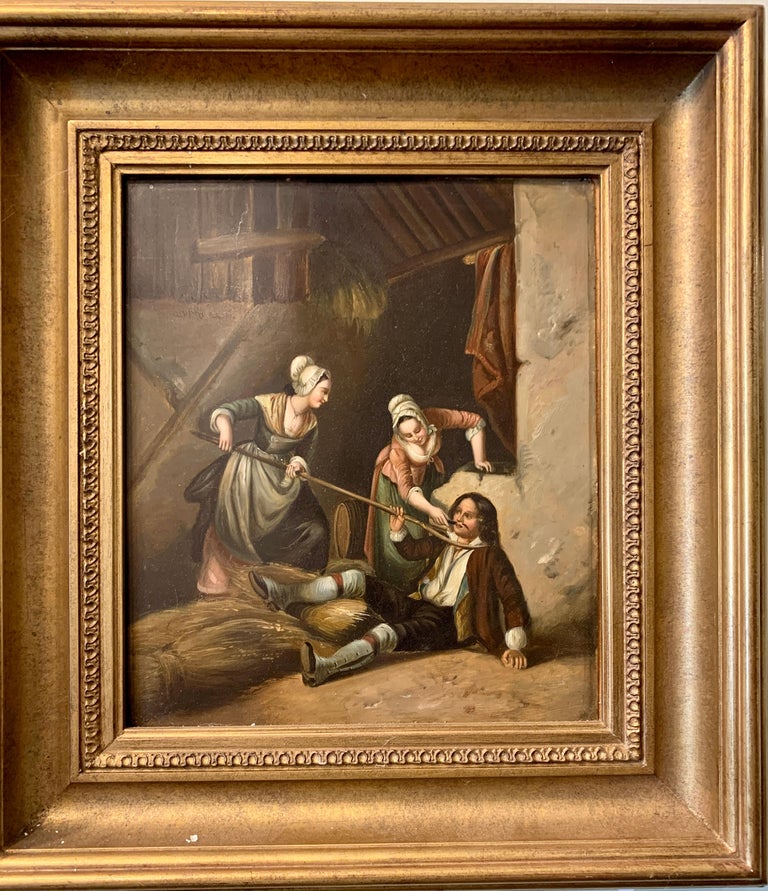 Unknown Portrait Painting - German oil painting, Figures in an interior/barn playing, 19th century, Antique