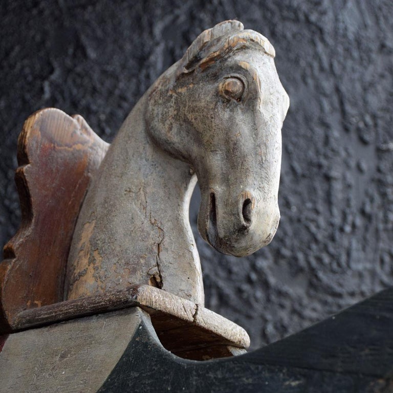 19th Century folk art rocking horse
We are proud to offer a highly decorative mid-19th Century example of a European rocking horse. Made from sectioned pieces of hardwood, carved by hand, and featuring a wonderful carved wooden horse’s head. This
