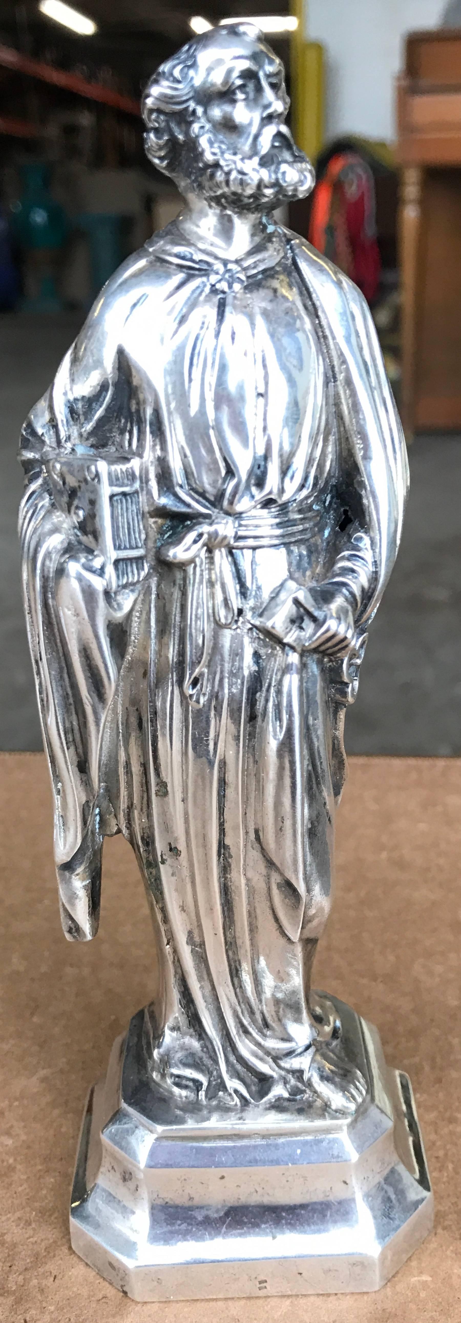 Antique loth silver ecclesiastical figure of Sankt Peter, holding a book and keys standing 6.75
