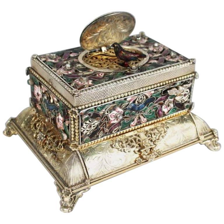 19th Century German Silver, Jewels and Enamel Table Singing Bird Musical Box For Sale