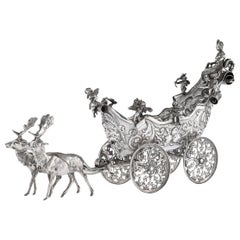 Antique 19th Century German Solid Silver Carriage and Reindeer Centrepiece, circa 1890