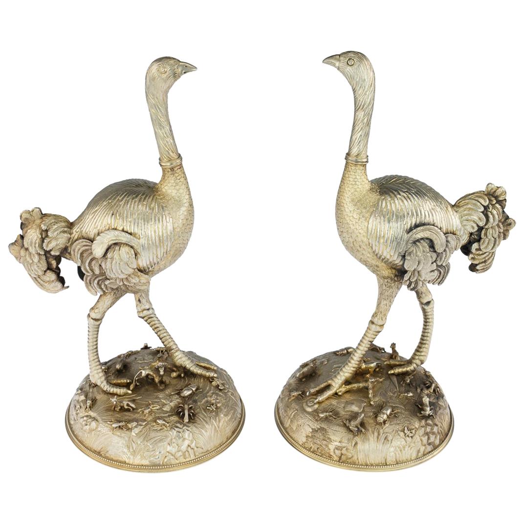 19th Century German Solid Silver Gilt Pair of Ostrich Figures, circa 1860