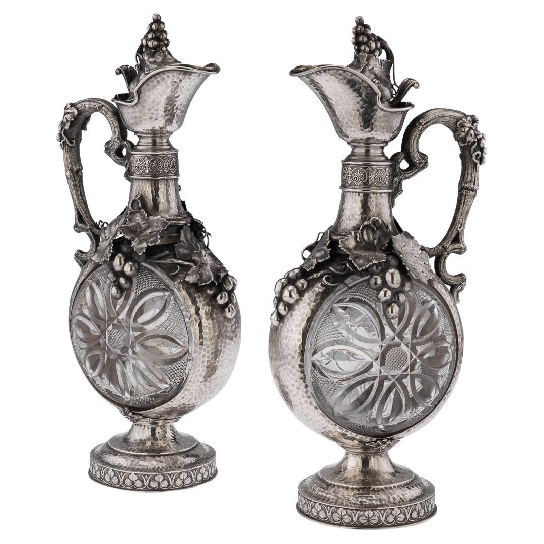 19th Century German Solid Silver & Glass Pair of Massive Claret Jugs, c.1890