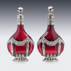 Carafes allemandes du 19ème siècle en argent massif et verre rouge, vers 1880