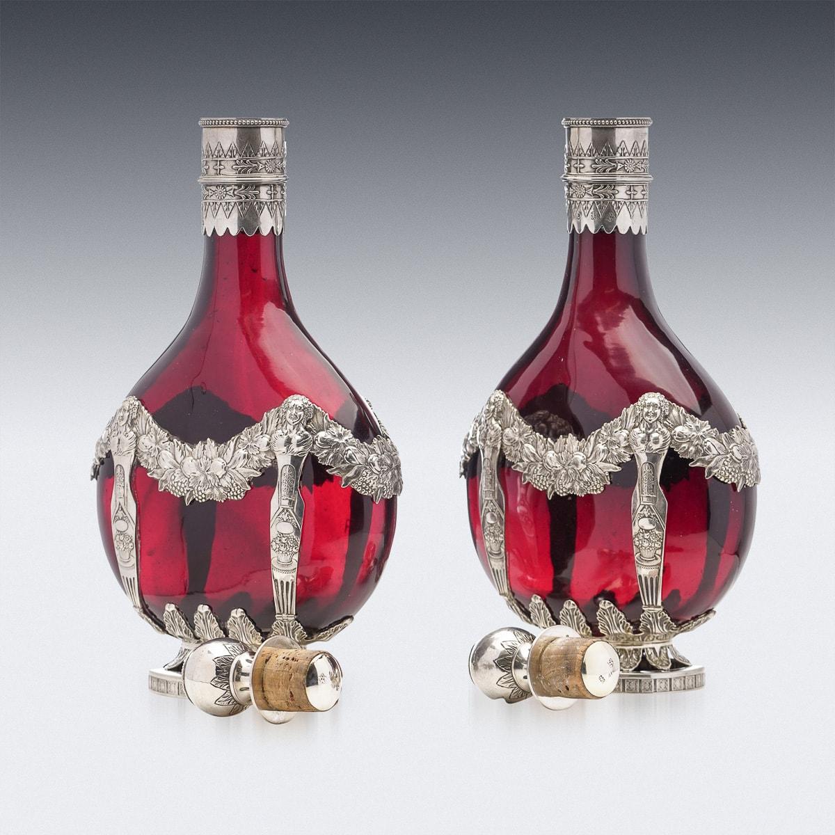 19th Century German Solid Silver & Red Glass Decanters, c.1880 For Sale 1