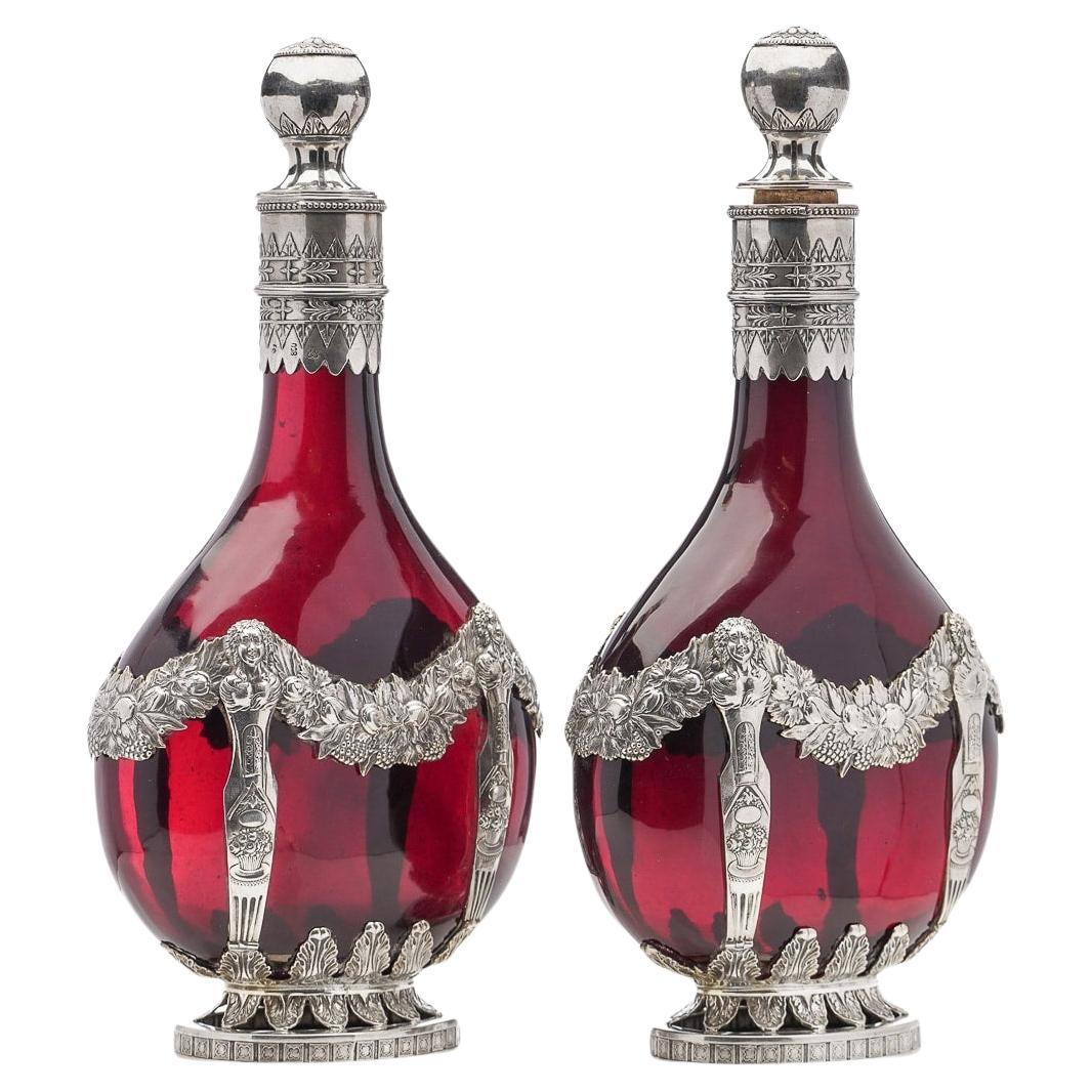 19th Century German Solid Silver & Red Glass Decanters, c.1880 For Sale