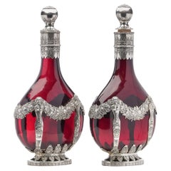 Carafes allemandes du 19ème siècle en argent massif et verre rouge, vers 1880