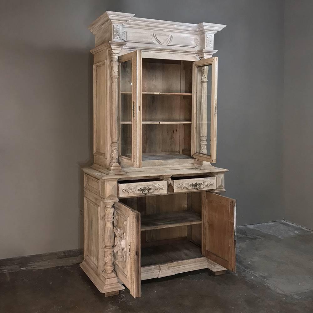 Hand-Carved 19th Century German Stripped Oak Bookcase with Lamb of God