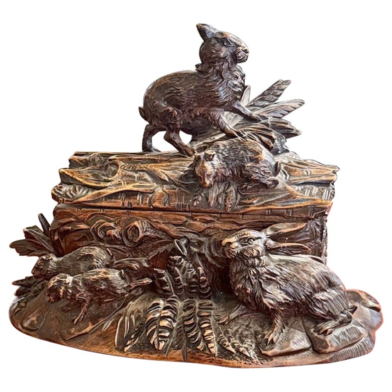19th Century German Walnut Black Forest Box with Rabbits