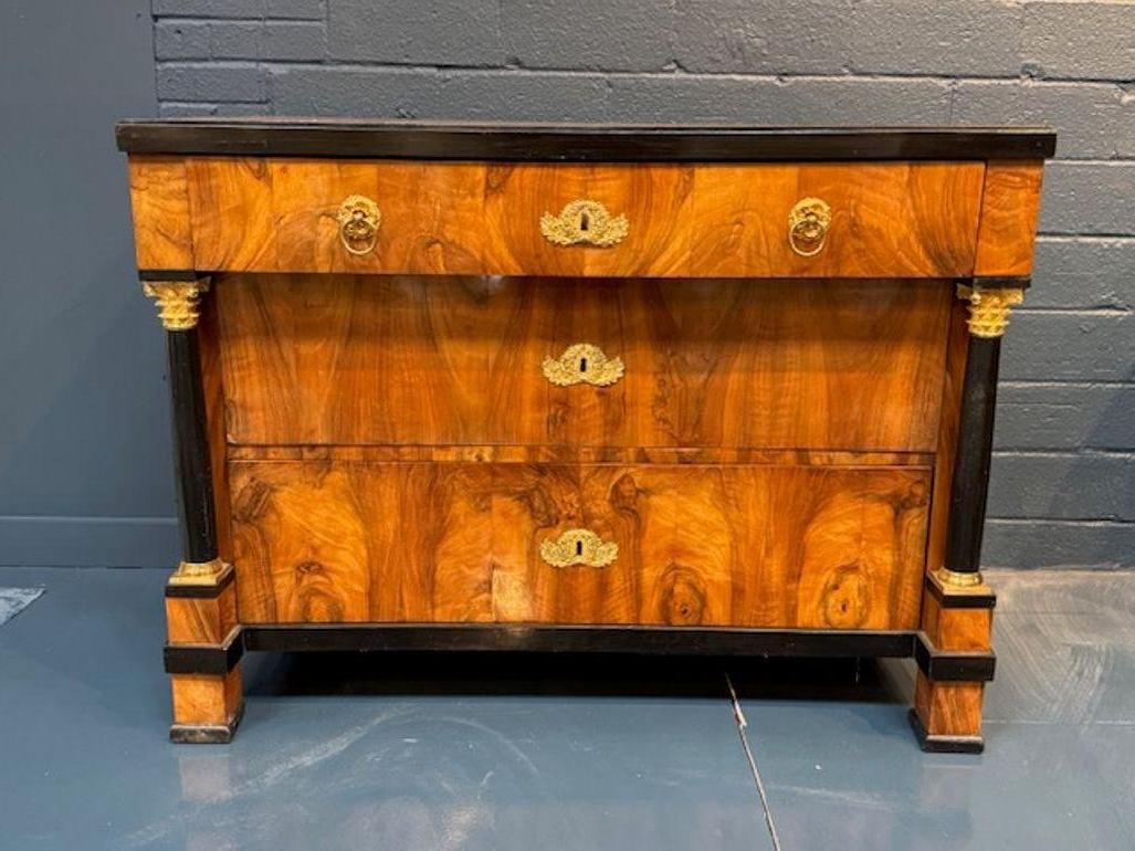 Crafted in the 19th century, this German walnut commode exudes a timeless elegance made of Walnut and ebonized details complemented by exquisite gilt bronze mounts. The commode is designed with an eye for both functionality and aesthetics, featuring