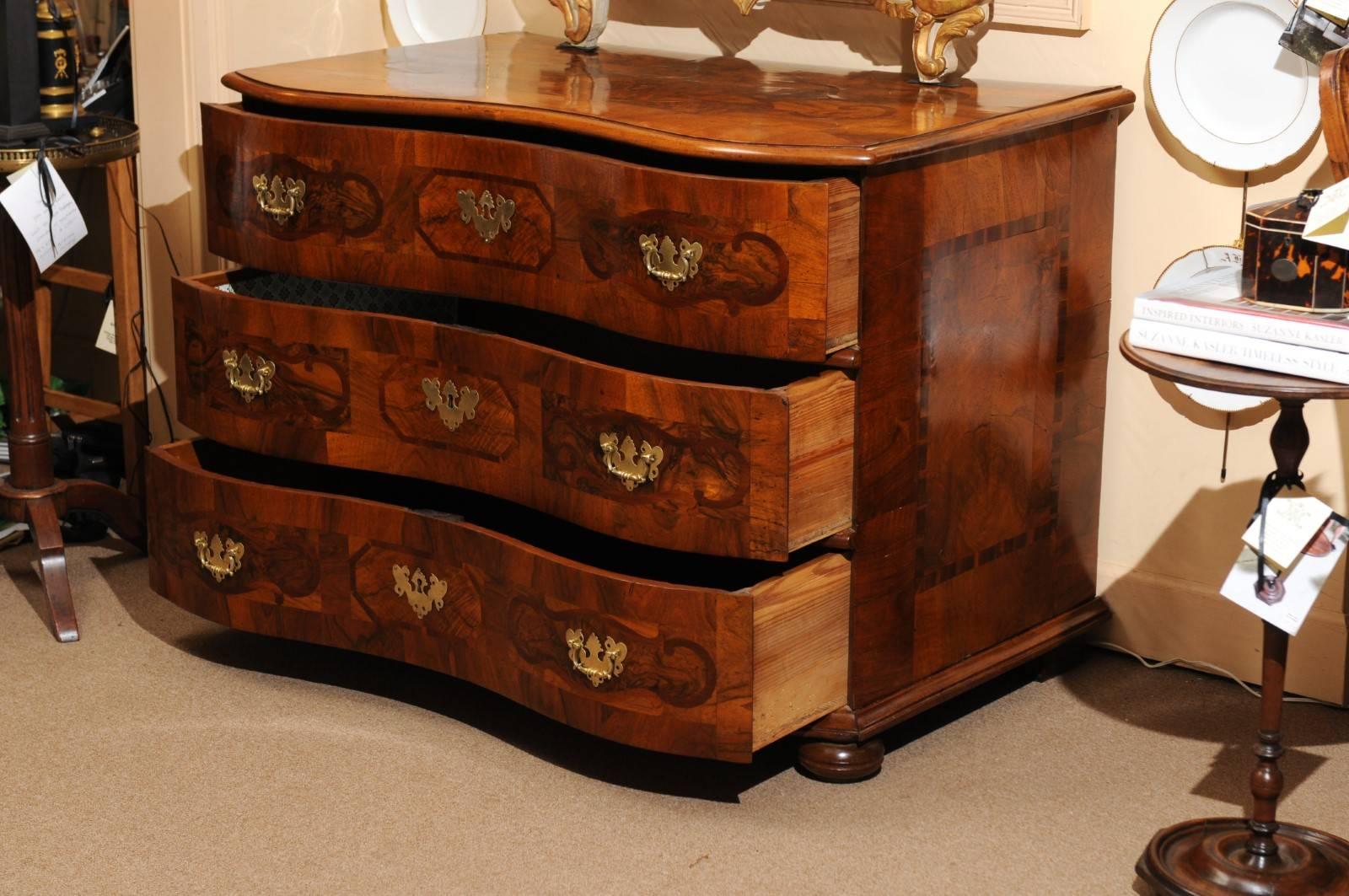 19th Century German Walnut Commode with Parquetry Inlay and Bun Feet 1