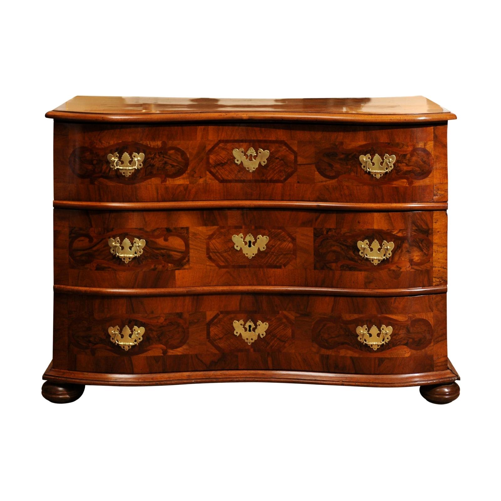 19th Century German Walnut Commode with Parquetry Inlay and Bun Feet