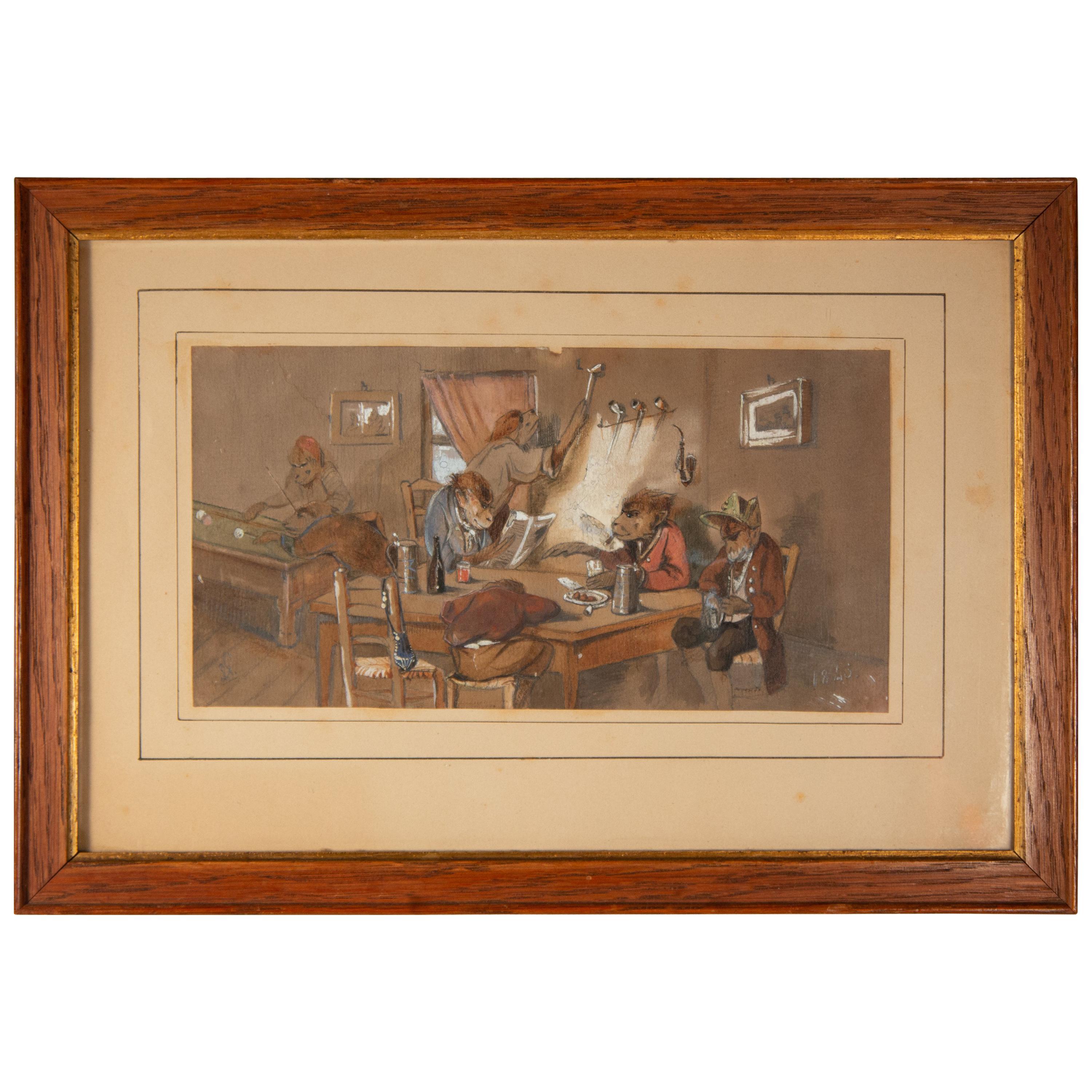 19th Century German Watercolor/Gouache of Monkeys in a Tavern, circa 1845 For Sale