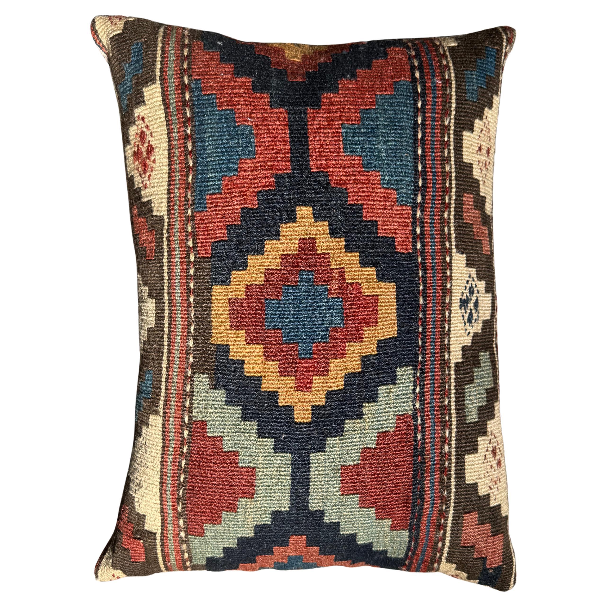 19th Century Ghashghai Kilim Pillow – 19" x 15" Handwoven Tribal Geometric Wool